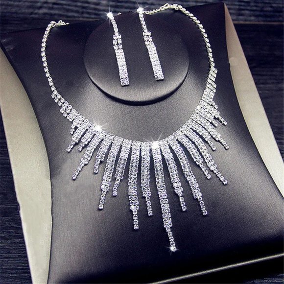 COPY - Geometric White Rhinestone Necklace & Earrings Set - Picture 2 of 2